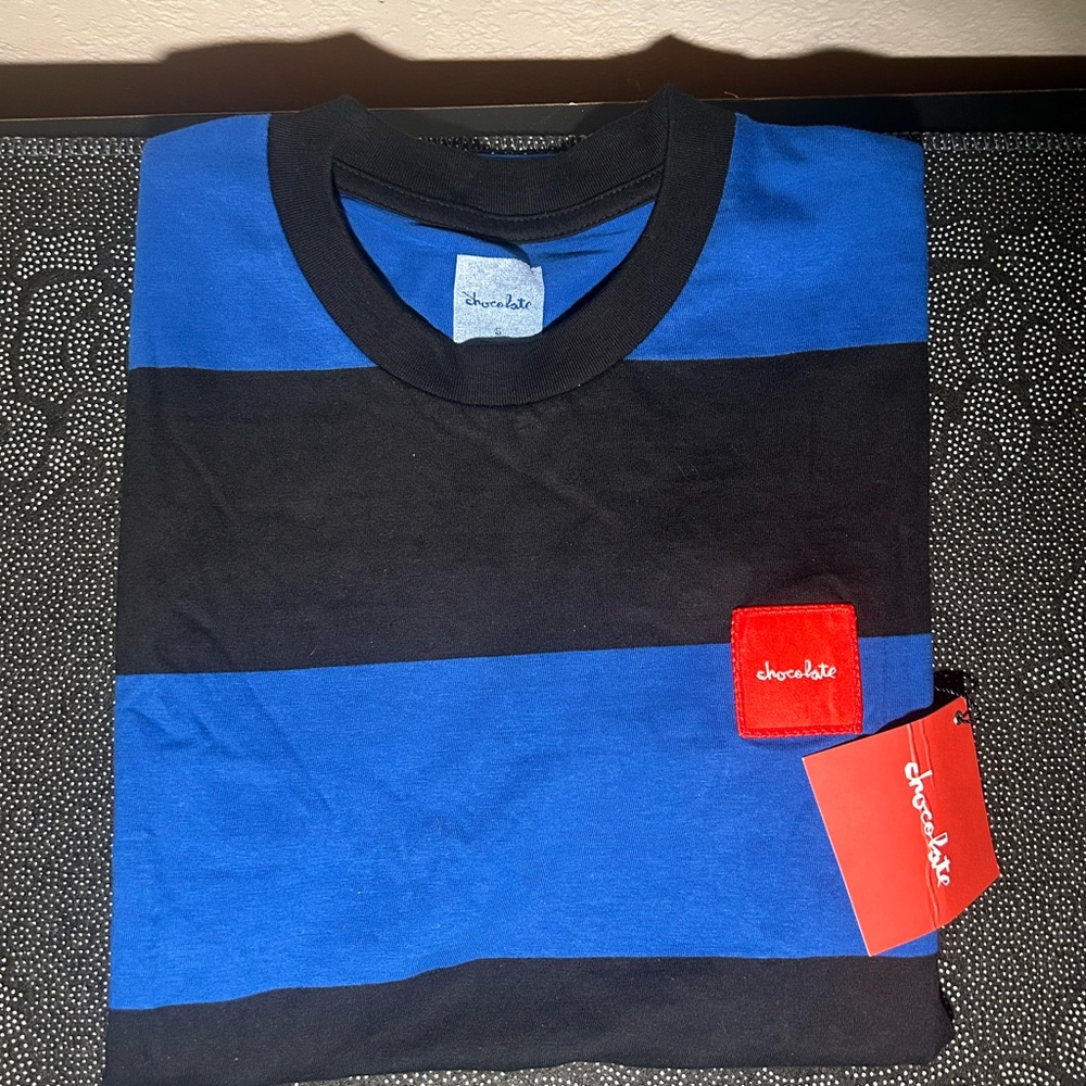 Chocolate Men's Tee with Blue and Black Stripes